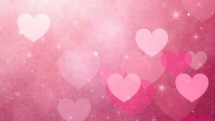 Valentine Day greeting card of pink color decorated with lots bokeh of hearts shaped on light pink background. Mockup design of invitation card. Love symbol. Romantic backdrop. Abstract pattern