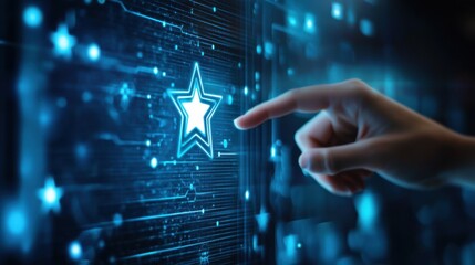 Digital Star Rating Selection: Hand Interacting with a Glowing Star on a Futuristic Interface