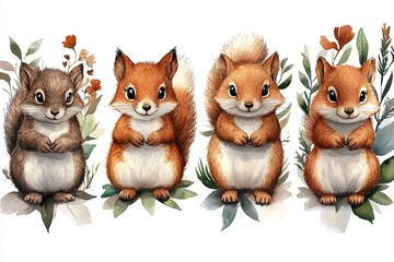 Fototapeta premium Four adorable cartoon squirrels surrounded by plants and flowers.