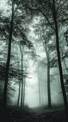 Misty forest landscape with tall trees and soft, ethereal lighting.