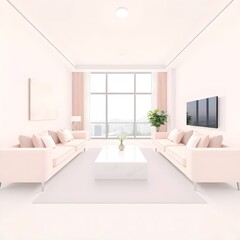Symmetrical Modern Living Room with Soft Pink Tones, Minimalist Design, Bright Interior, Clean and Spacious, Luxury Home with City View, Elegant Style