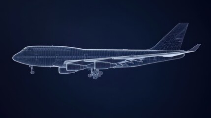A 3D wireframe representation of an airplane, isolated against a dark blue background in an abstract vector style