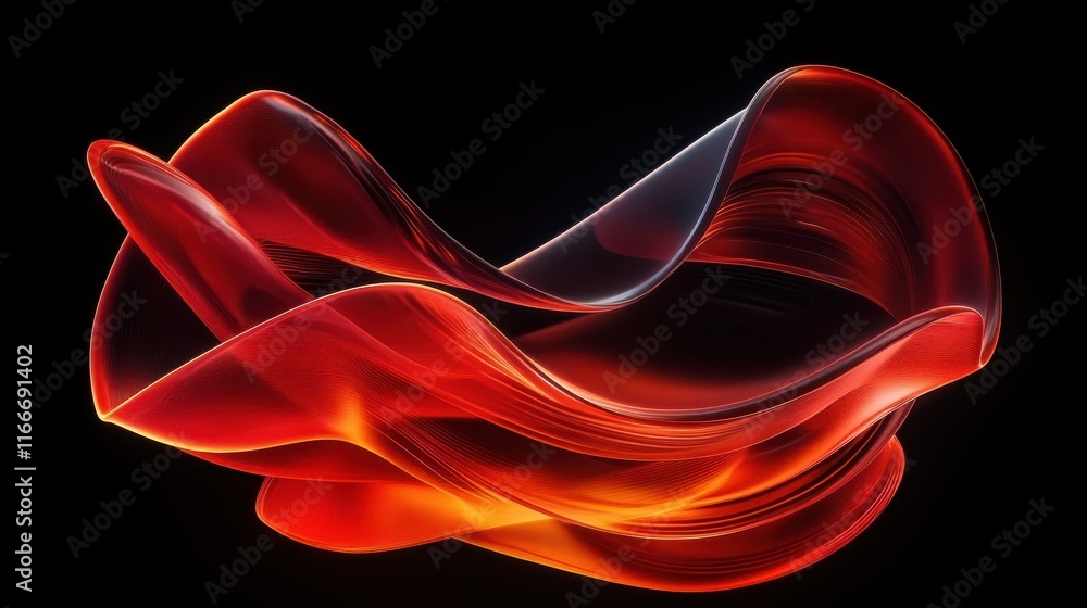 Poster curvy translucent sheets forming an abstract flowing shape. dynamic motion, neon background