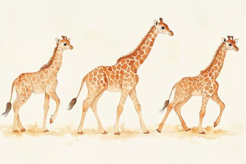 Obraz premium Three watercolor giraffes walking in a line, showcasing their unique patterns and grace.