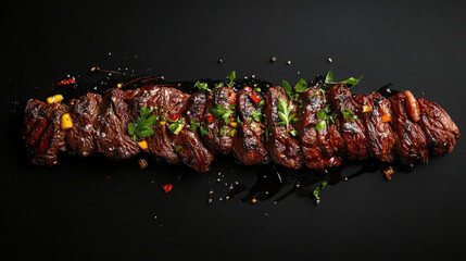 Overhead View of Grilled Arrachera Skirt Steak with Garnish on a Black Background, Ideal for Copy Space