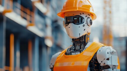 Robotic construction worker in orange hard hat and high-visibility vest on site background