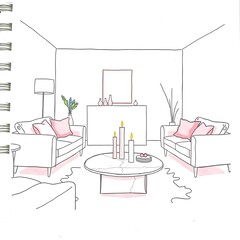 Hand-drawn Living Room Interior Sketch with Pink Accents, Minimalist Home Design Outline, Artistic Illustration with Candles, Simple and Elegant Room Concept