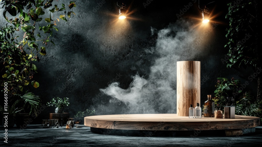 Poster a serene, modern display stage surrounded by greenery, illuminated by warm lights, creating a tranqu