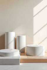 sunlit cylindrical forms on a wooden platform