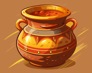 A handmade clay pot with rustic textures, placed on a warm caramel-colored background