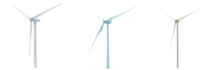 Set of a single wind turbine with rotating blades, isolated on a transparent background.