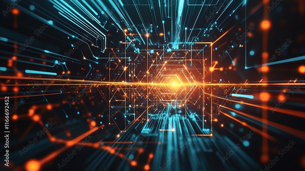 Poster digital network tunnel: abstract digital art depicting a glowing, futuristic network tunnel with vib