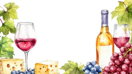 Watercolor illustration set with Two glasses with red wine,different type of cheese,cheese Board,wooden cut board, bread,olives on an isolated white background.