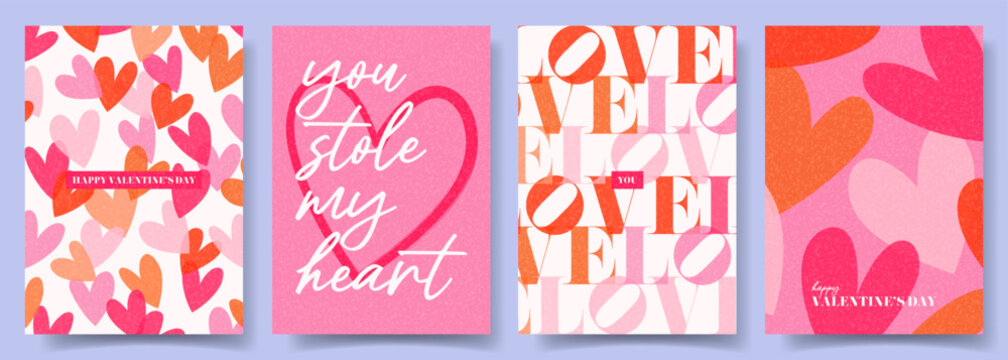 Trendy Valentine's Day posters. Concept of vector minimalist posters with typography design, colorful hearts for Valentine's Day party, banner, card, ads, branding, cover, sale, social media.