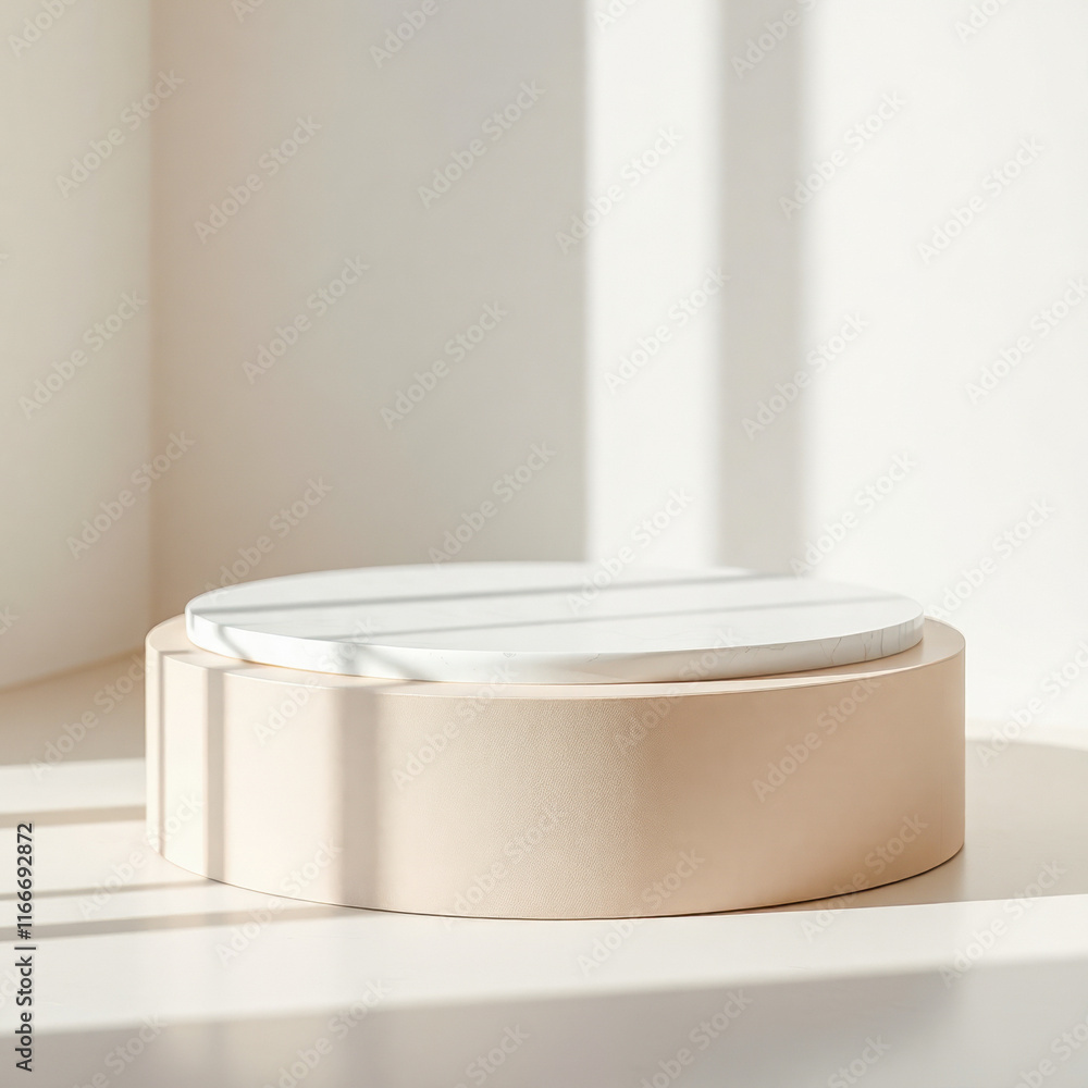 Poster circular two-tiered display stand a minimalist setting