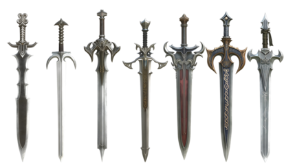 Medieval fantasy style swords collection isolated on a transparent background. Different styled Intricately Designed swords. Video game assets.