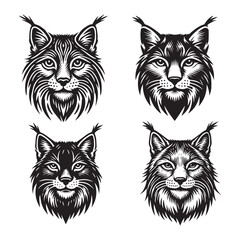 Detailed Silhouette of a Lynx Face Isolated on White Background in Monochrome