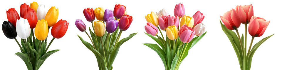 Fototapeta premium Set of a vibrant bouquet of tulips in assorted colors, isolated on a transparent background.