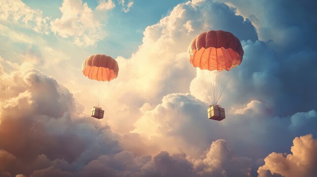 A Box flying on a parachute with sky cloud,vector illustration of package flying down from sky cloud with parachute,holiday red gifts,winter,shopping online,air delivery service.