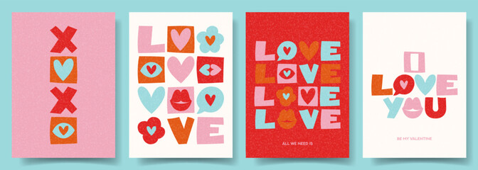Fototapeta premium Concept of Valentine's Day cards. Trendy vector minimalist posters with colorful typography design and abstract shapes for Valentine's Day party, banner, branding, poster, cover, sale, social media.