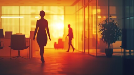 Silhouette of Businesspeople Walking in Office at Sunset