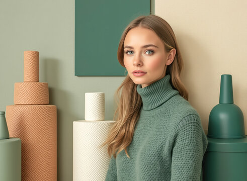 serene portrait a young woman a green turtleneck sweater