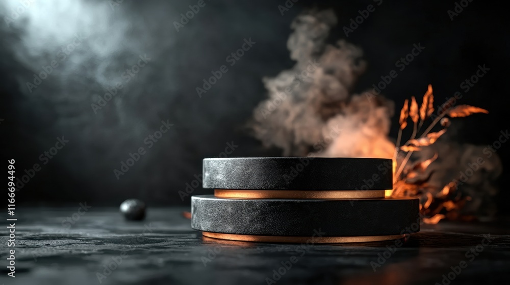 Poster a dark, atmospheric scene featuring two circular objects with glowing edges, surrounded by smoke and