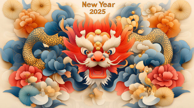Celebrate New Year 2025 with vibrant Chinese dragon artwork, featuring colorful floral designs and traditional festive symbolism.
