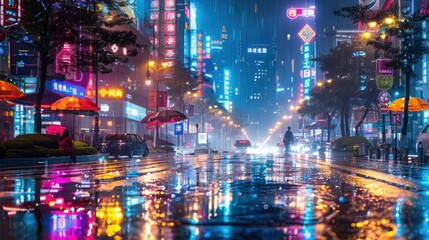 Obraz premium A vibrant city scene at night with neon lights and rain-soaked streets.