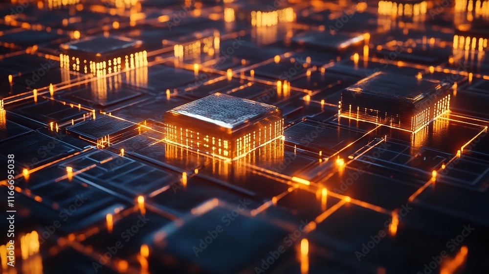Aufkleber digital 3d render of interconnected network with glowing elements