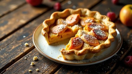 A delectable slice of warm apple custard tart, dusted with powdered sugar, sits on a rustic wooden table, accompanied by fresh raspberries and apples.