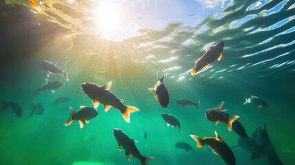 Sustainable Seafood Concept. Underwater scene of fish swimming beneath shimmering sunlight, creating a serene aquatic atmosphere.