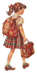 PNG Vintage illustration of cute girl Walking with school bag plaid style old-fashioned.