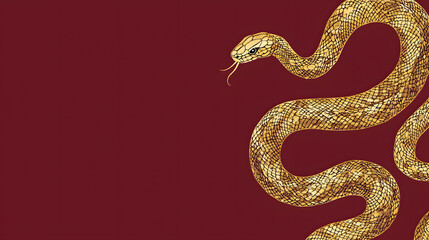 Fototapeta premium minimalist gold snake illustration on deep red background, showcasing intricate scales and curving form. This artwork evokes sense of elegance and mystique