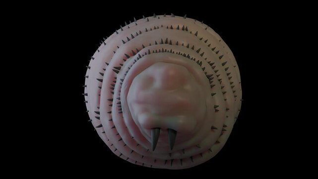 A close-up image of a botfly larva, showing its segmented body and spiny exterior against a dark background