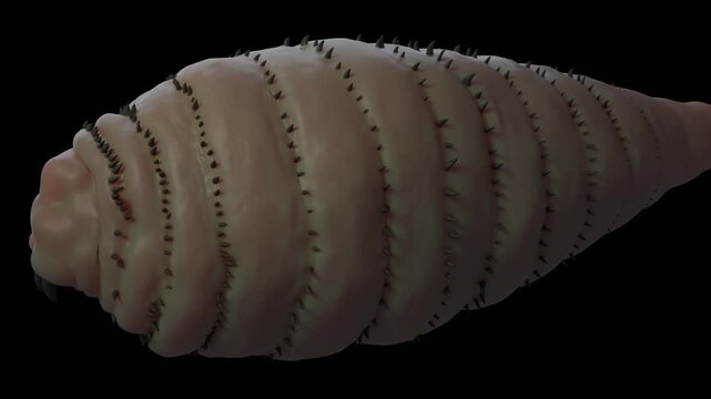A close-up image of a botfly larva, showing its segmented body and spiny exterior against a dark background
