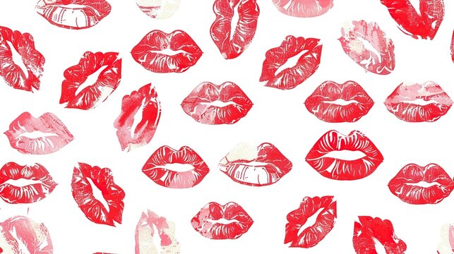 Vector set of red lip prints and kissing marks isolated on a white background, symbolizing love and romance for Valentine's Day in a minimalist design.  
