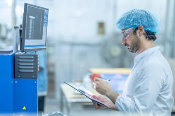 A supervisor in protective gear reviewing data on a computer screen at a food processing facility, holding a clipboard, emphasizing technology, quality control, and efficiency in industrial operations