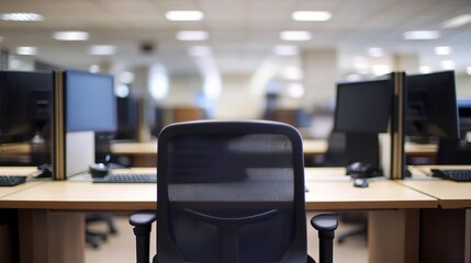 Blurry Corporate Office Background with Focus on Empty Chair