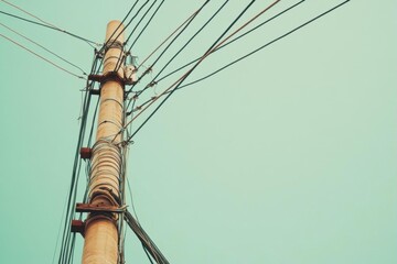 A utility pole with wires against a clear sky background.