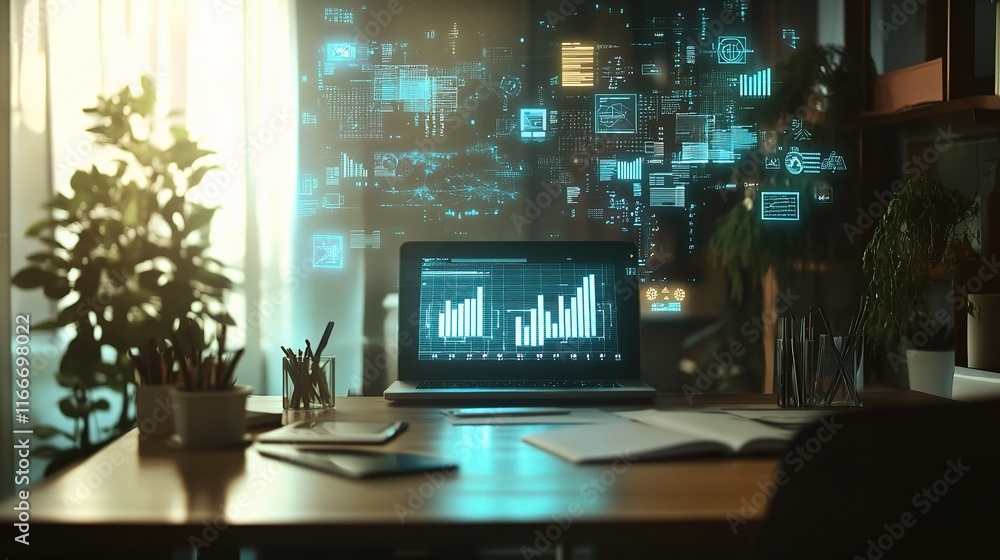 Poster digital business icons and graphs floating above a modern desk