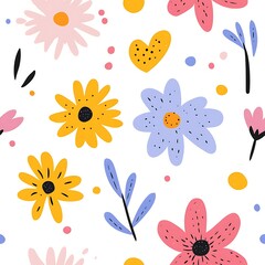 Playful floral pattern featuring colorful flowers and cheerful elements on a white background