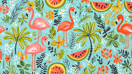 Playful summer pattern featuring flamingos, palm trees, and watermelons, creating vibrant tropical vibe. Perfect for summer themed designs and decorations