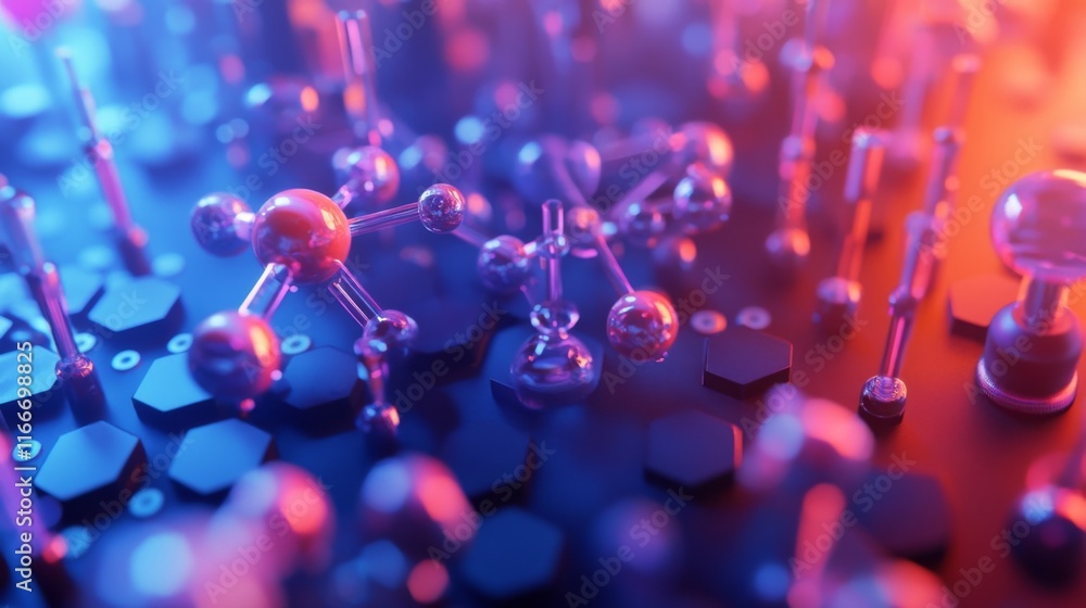 Poster abstract 3d rendering of molecules and hexagons with neon lighting.