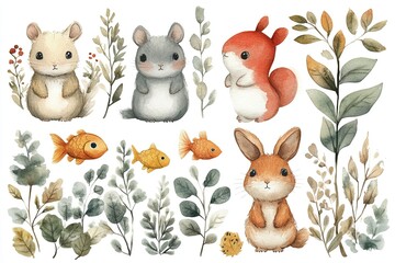 Naklejka premium Cute illustrated animals and plants, ideal for children's art or nature-themed projects.