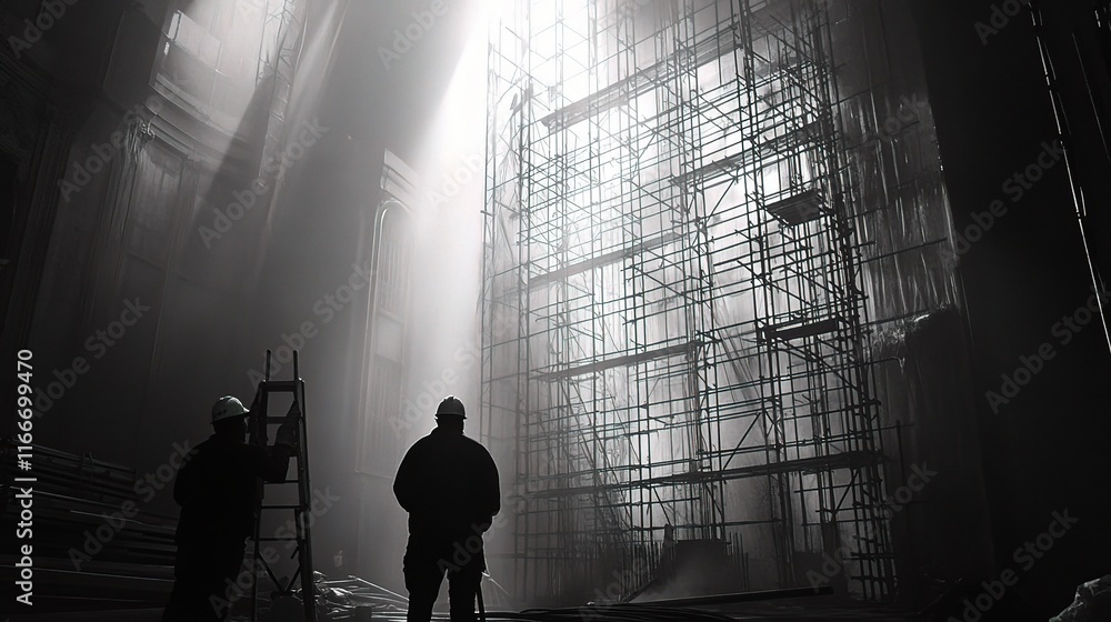 Poster workers under construction with scaffolding in dim light conditions