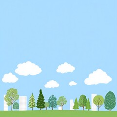 Obraz premium Minimalist cityscape with colorful trees and buildings under a bright blue sky