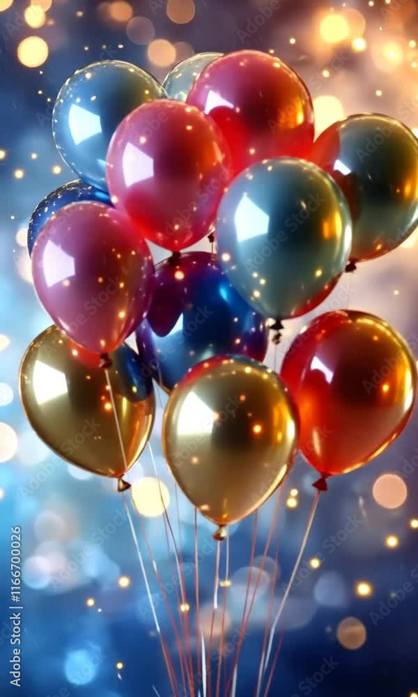 Poster colorful balloons with shiny surfaces float against dreamy background of sparkling lights, creating 