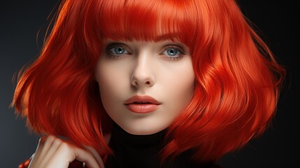 Obraz premium Vibrant Red Hair, Close-up Portrait of a Woman with a Striking Bob Haircut