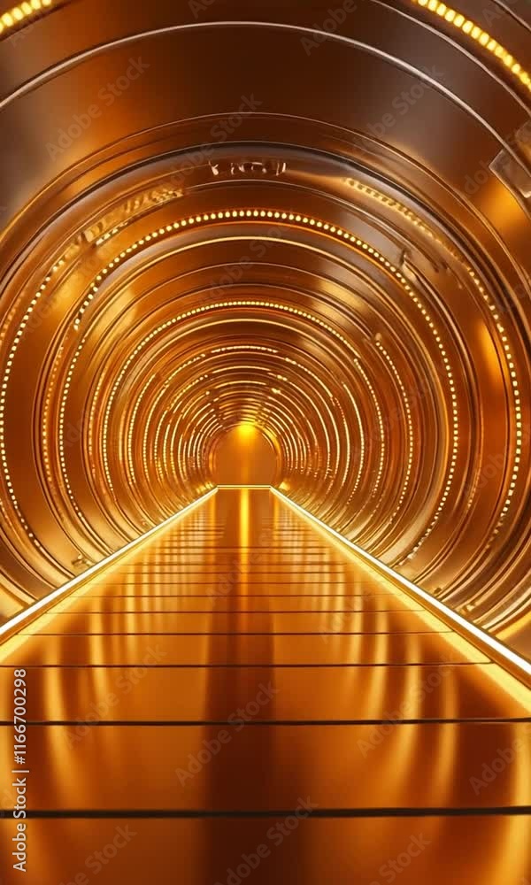Poster futuristic tunnel with golden lights reflective circular design creating warm atmosphere for explora